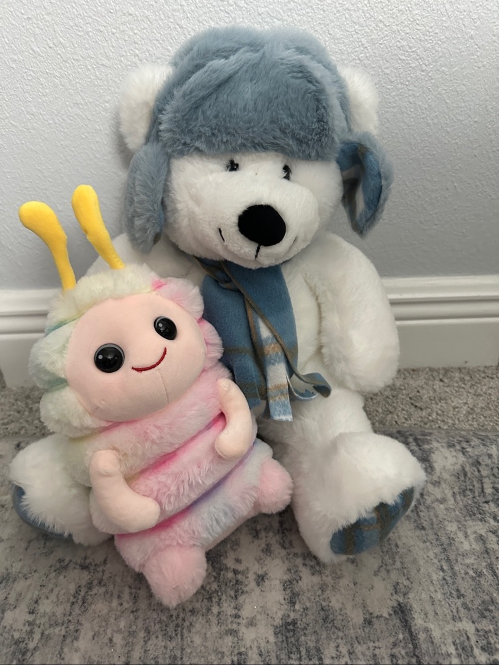 White Bear Plush with Blue Hat & Pastel Caterpillar Plush